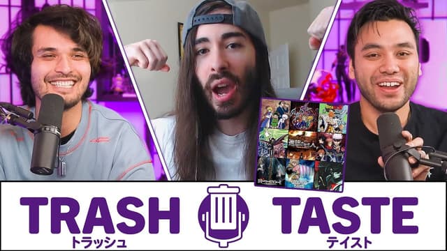 A youtube thumbnail wor We Roasted Our Friend's Taste in Anime | Trash Taste #187