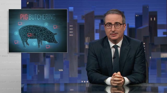 A youtube thumbnail wor Pig Butchering Scams: Last Week Tonight with John Oliver (HBO)