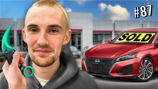 A youtube thumbnail wor He sold his car to buy a CS:GO Knife | The Yard